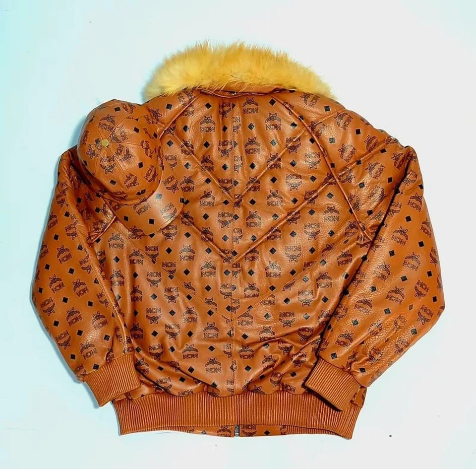 MCM Cognac Monogram Leather Puffer Jacket w/ Fur Collar + Matching Hat