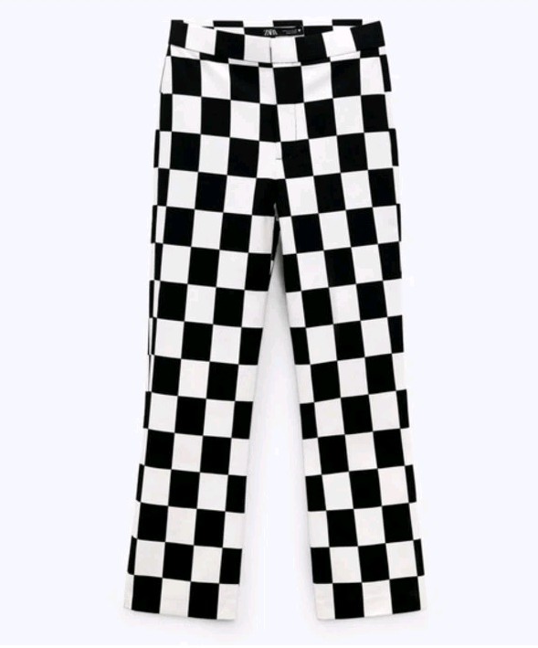 NEW Zara Checkered Pants Black White Large Block Ankle Cropped Straight Leg 5