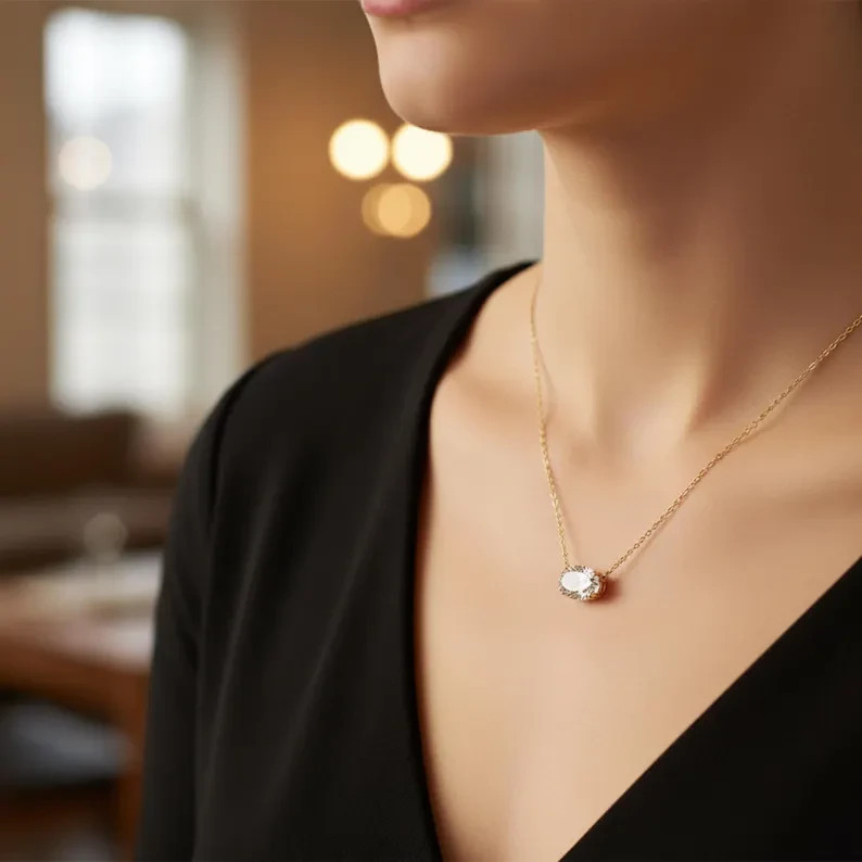 Oval Cut lab Created Diamond Solitaire Pendant Necklace 14K Yellow Gold Plated