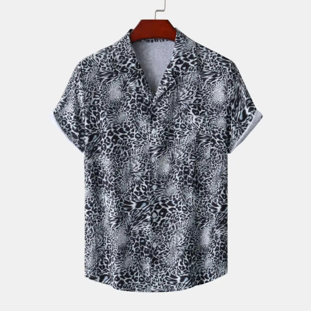 Men’s Leopard Print Oversized Short Sleeve Button-Up Shirt with Lapel