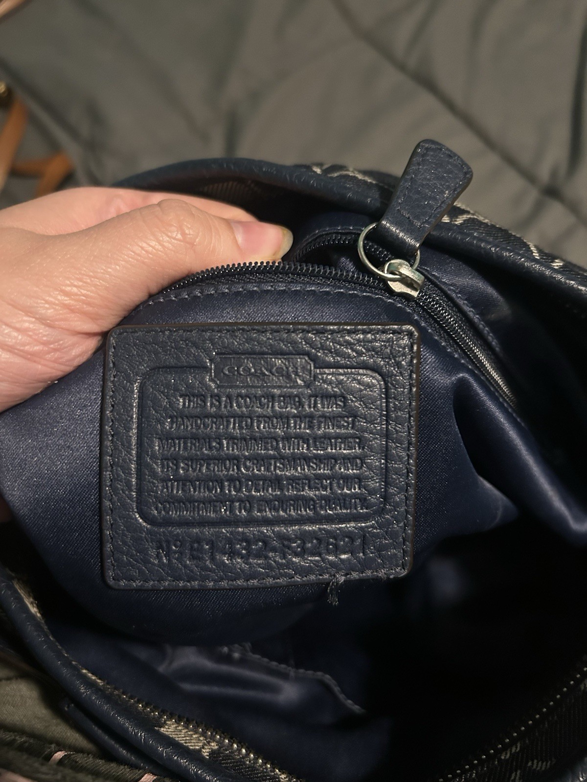 Coach Signature Monogram Shoulder Bag Purse Blue/Gray Zip Bag Charm Medium