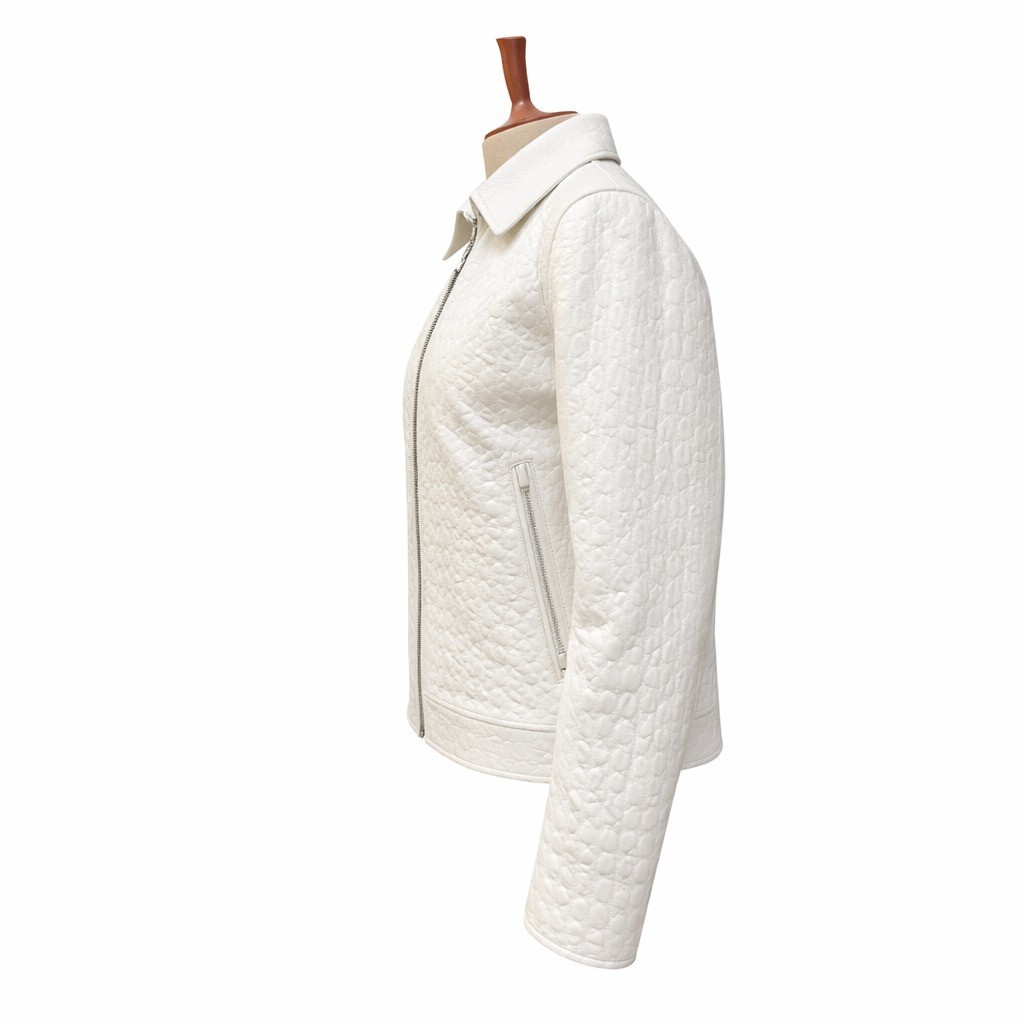 New White Quilted Zip Up Medium Jacket Women’s Geometric Stitch Bomber Style