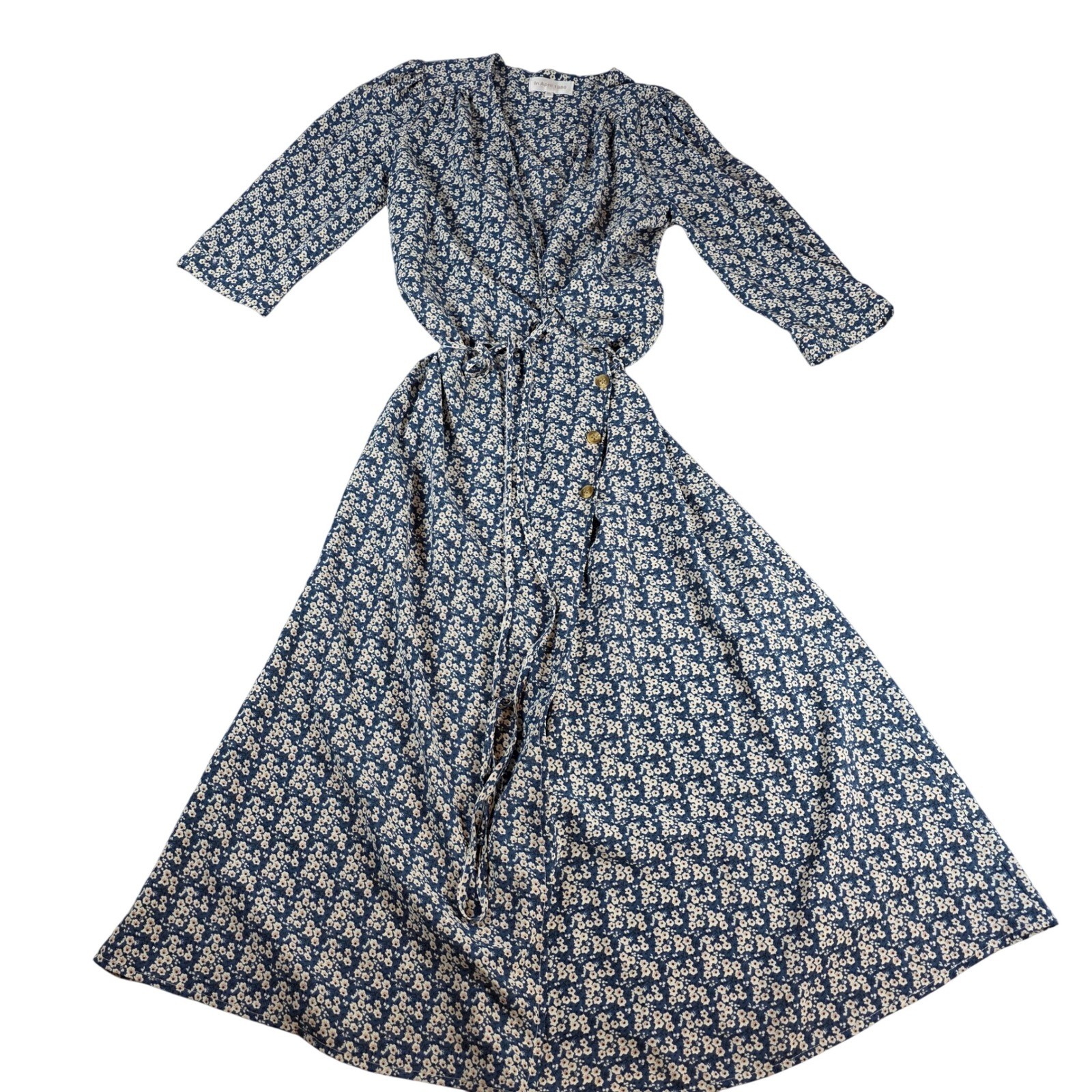 In April 1986 Womens M/L Blue Floral Wrap Midi Dress 3/4 Sleeve V-Neck