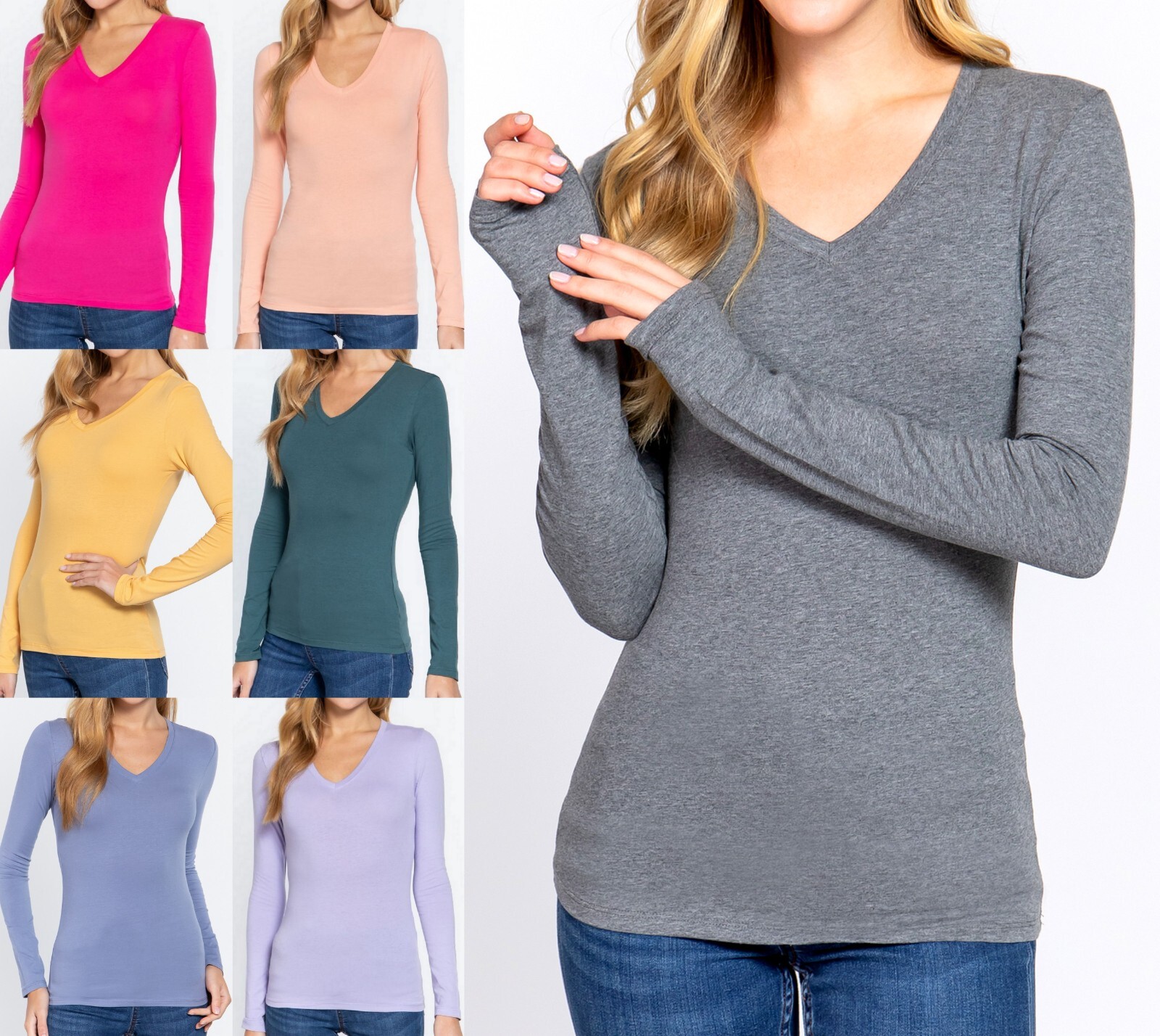 Women’s V Neck Long Sleeve T Shirt Basic Stretch Top US Sizes S-XL Plus 1X 2X