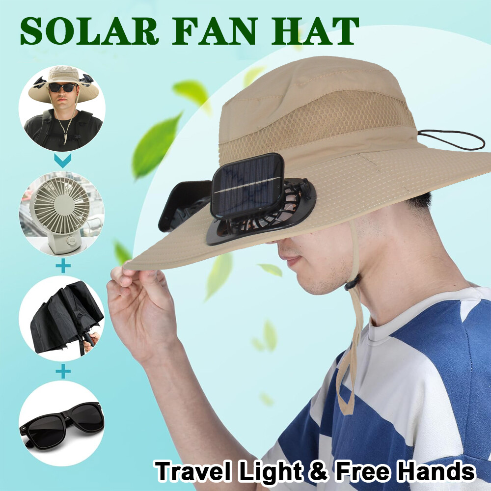 Outdoor Wide Brim Sun Hat with 2 Solar Fans Fishing Hiking Camping UV Protection