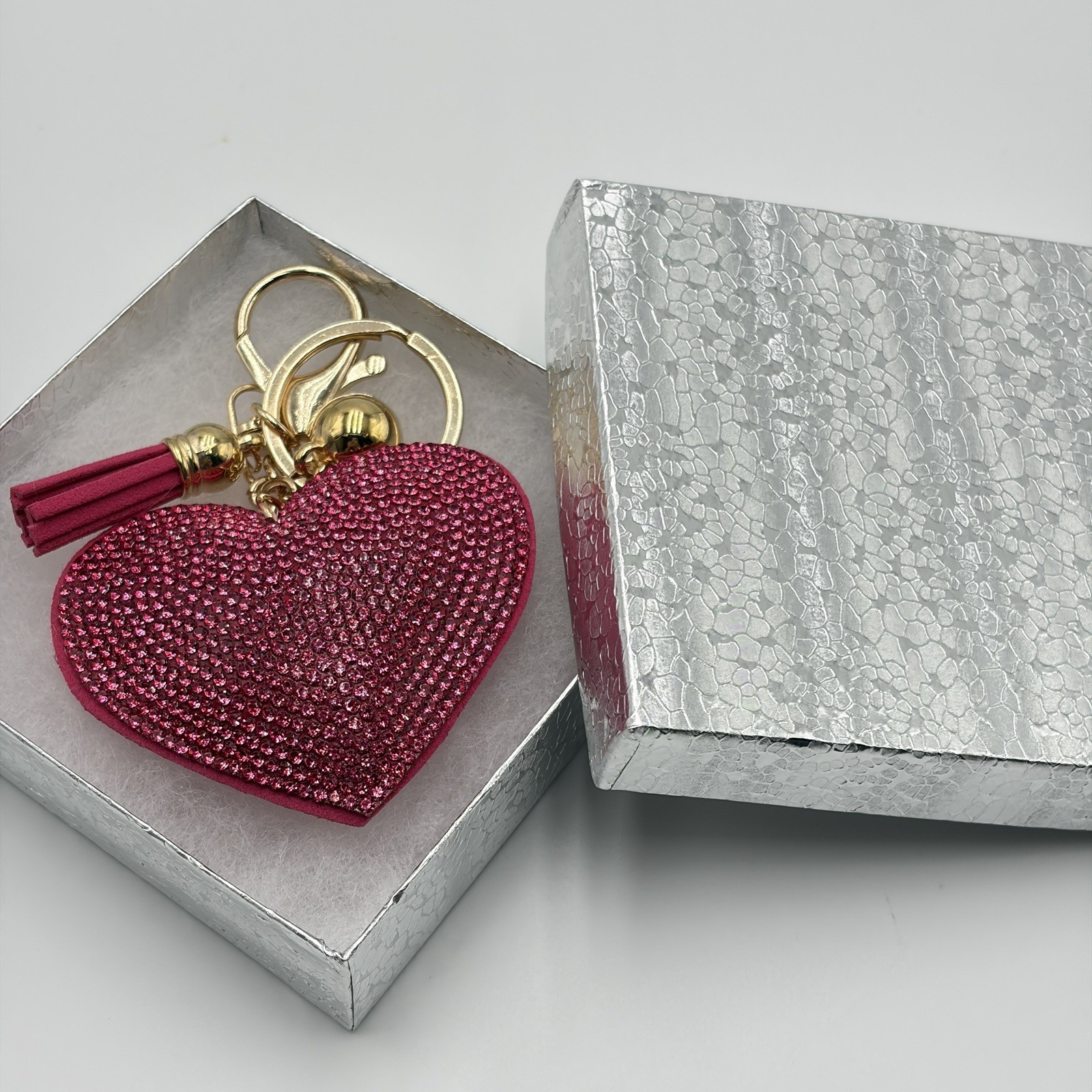 Pink Heart Rhinestone Bag Charm Crystal Keychain Purse Charm Tassel Gift Box