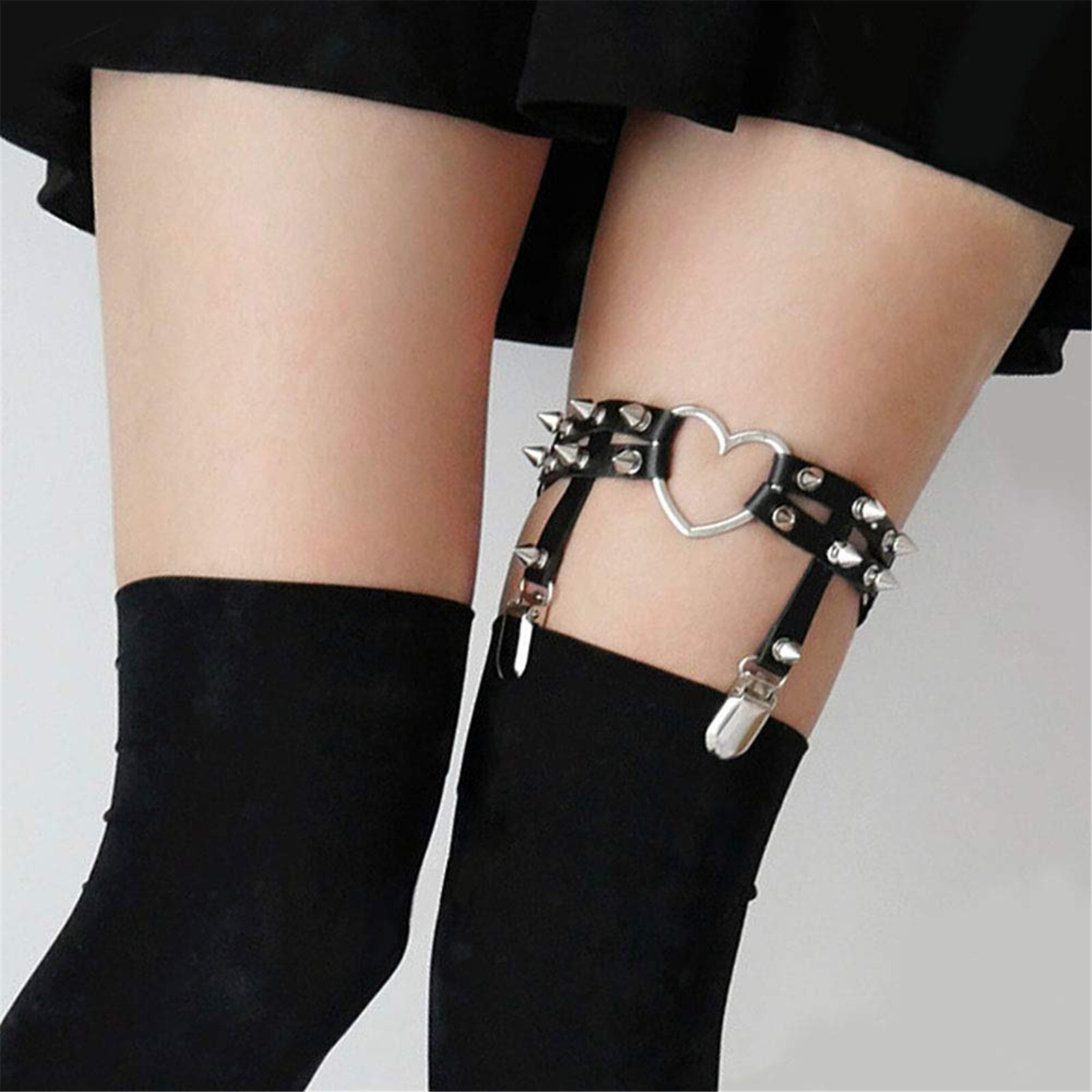 3pcs Women Punk Rivet Leather Thigh Garter Belt & Choker Sockings Suspender Set