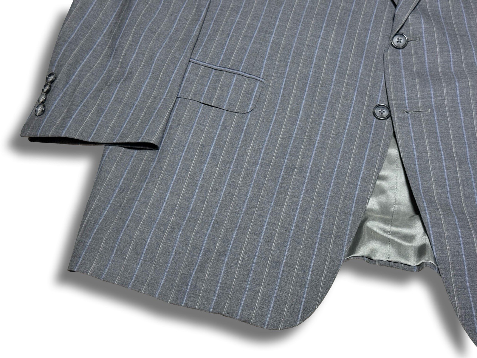 Vintage Corneliani 48R/40×28 Pants Super 150s Wool Gray Baby Blue Pinstripe Suit