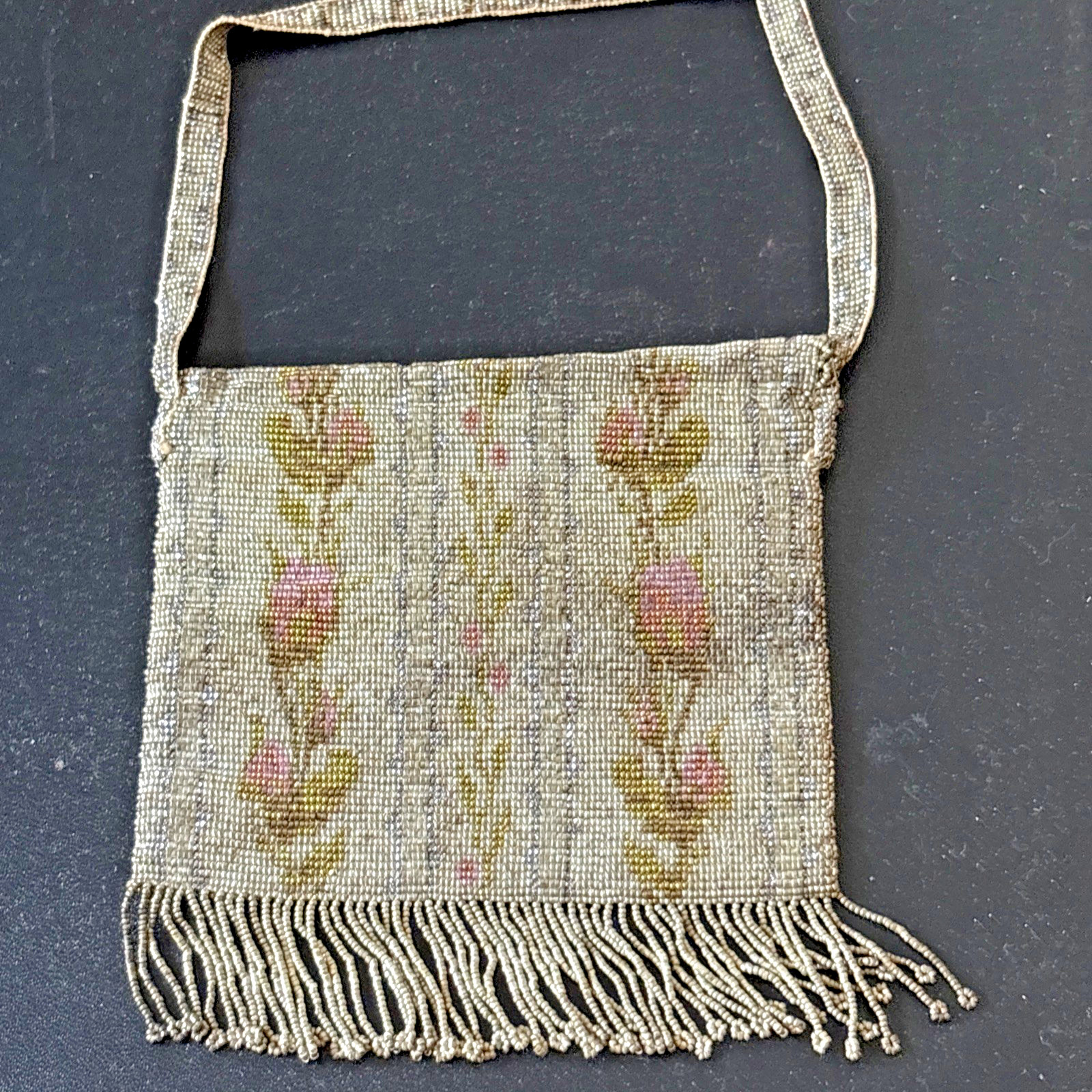 Antique Victorian/Edwardian Era Bag Glass Seed Beaded Floral FRANCE 5.25×5.5″