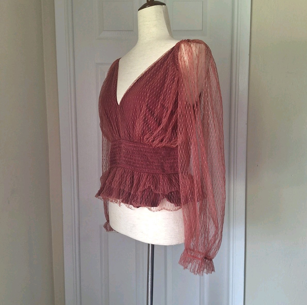 Anthropologie Tulle V-neck Mesh Puff Sleeve Sheer Smocked Blouse Size 1X Whimsy