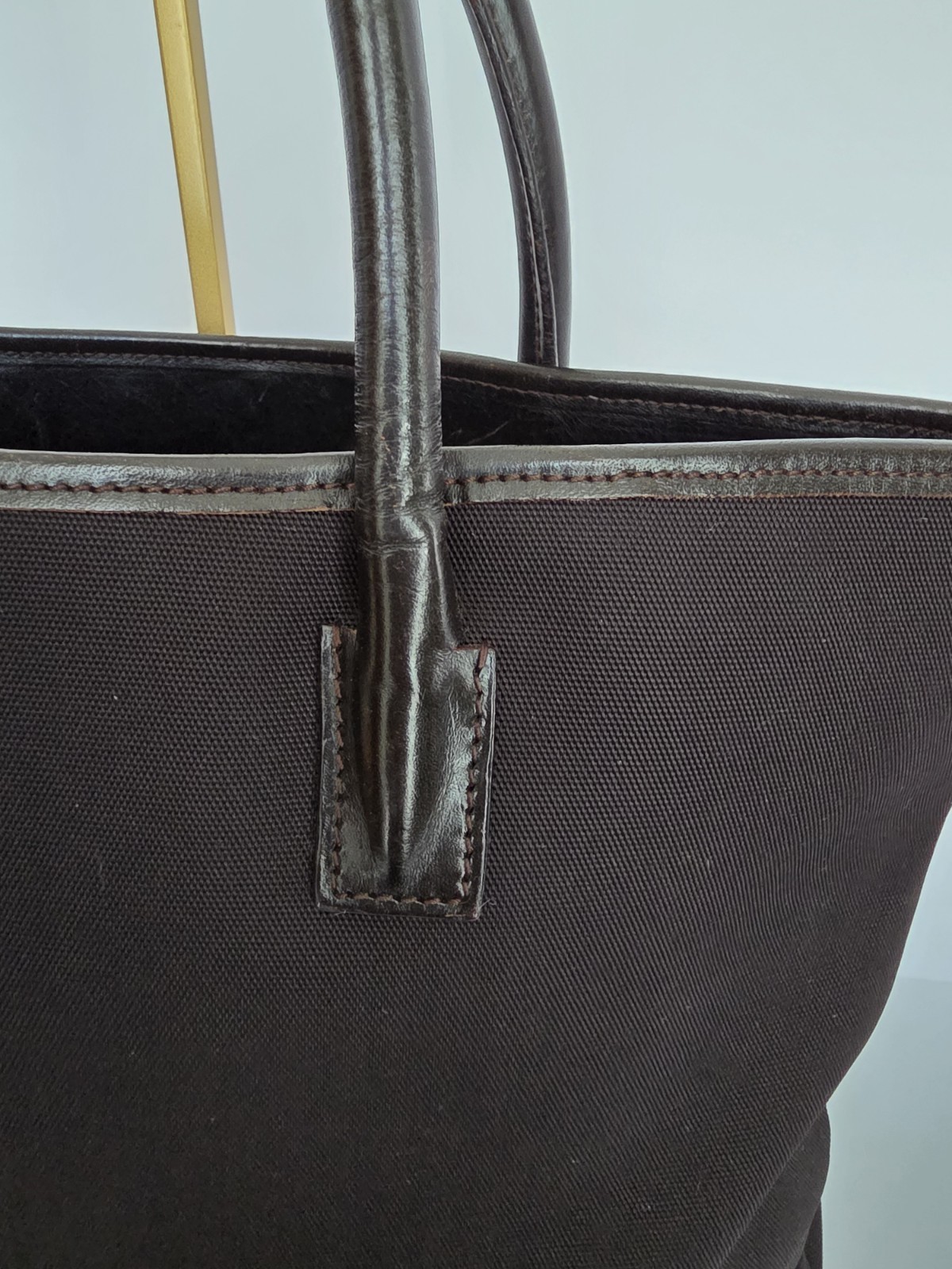 GUCCI Brown Nylon Leather Trim Tote Bag Logo Vintage 0457