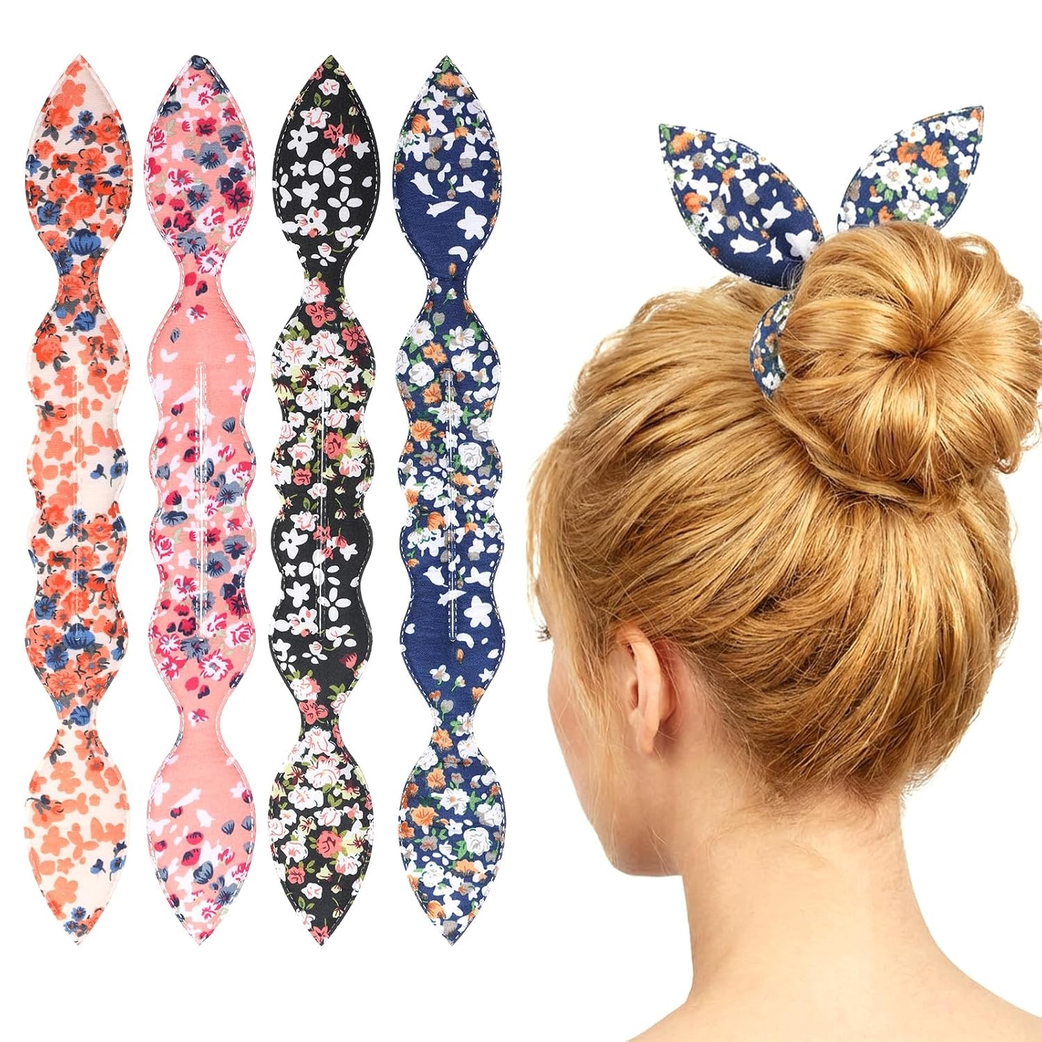 4 Pcs Hair Bun Maker French Twist Shaper Snap Roll Sponge Curler Clips Rabbit