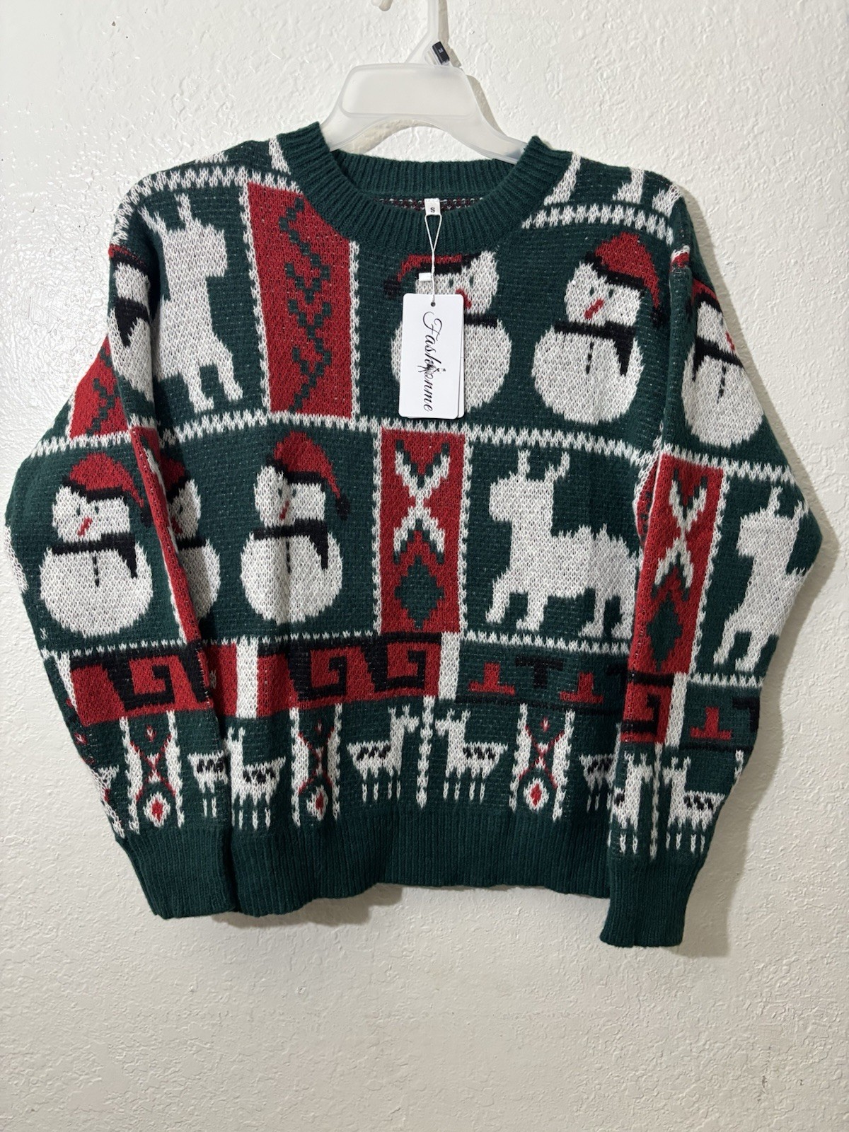 Fashionhome Green Snowman Christmas Graphic Knit Pullover Sweater S Crew Neck