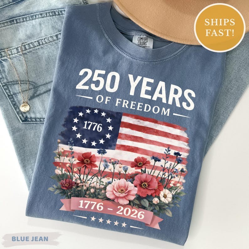 America 250 Years of Freedom Floral T-shirt, Woman 250th Anniversary Wildflower