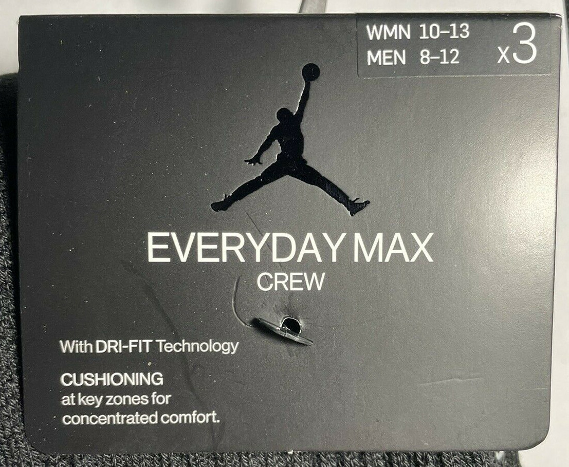 Authentic JORDAN Crew Socks / 3 Pack-3 Pairs / Men’s Size 8 -12 / BLACK / NWT