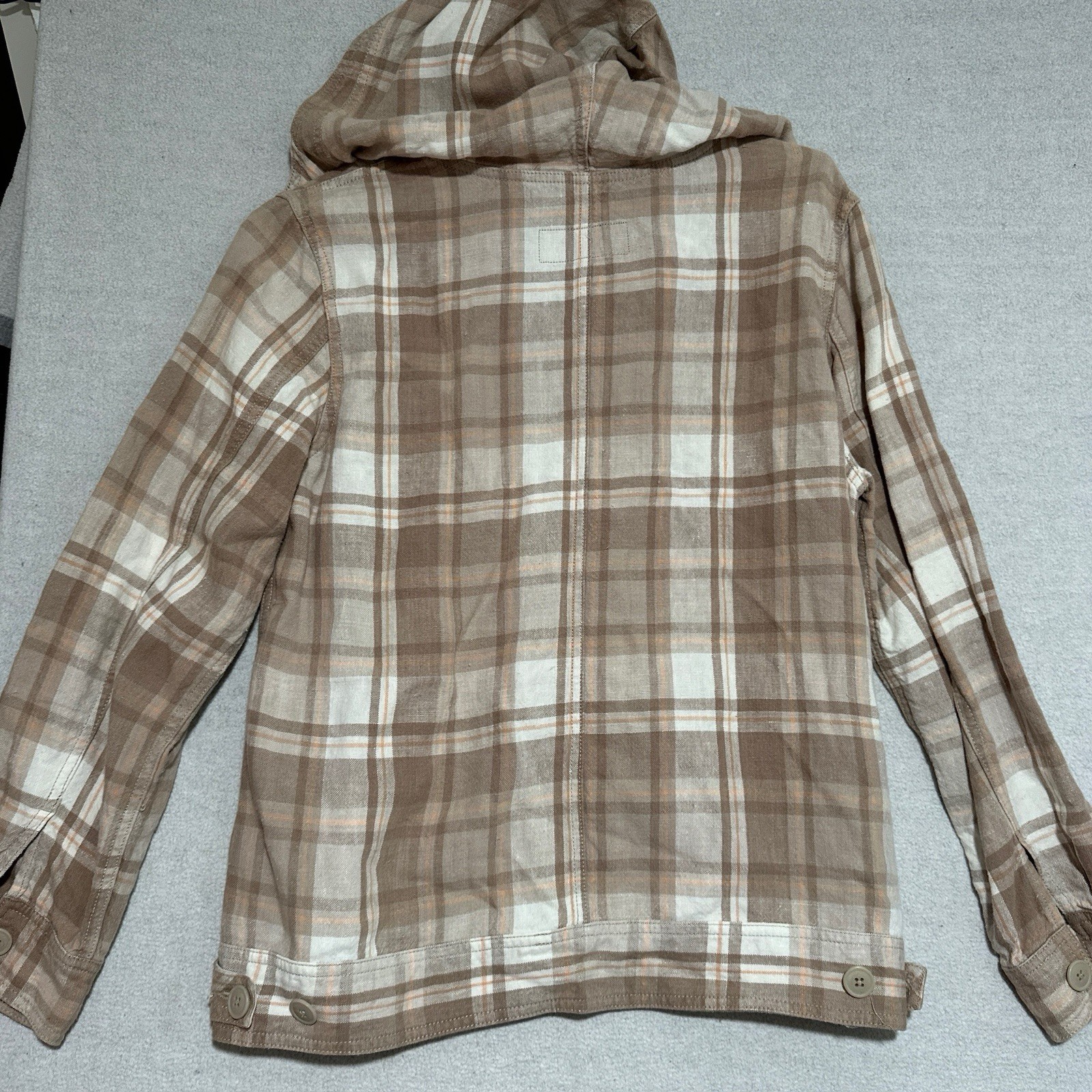 Eddie Bauer Women’s Plaid Hooded 100% Linen Full Zip Jacket Beige/White Large