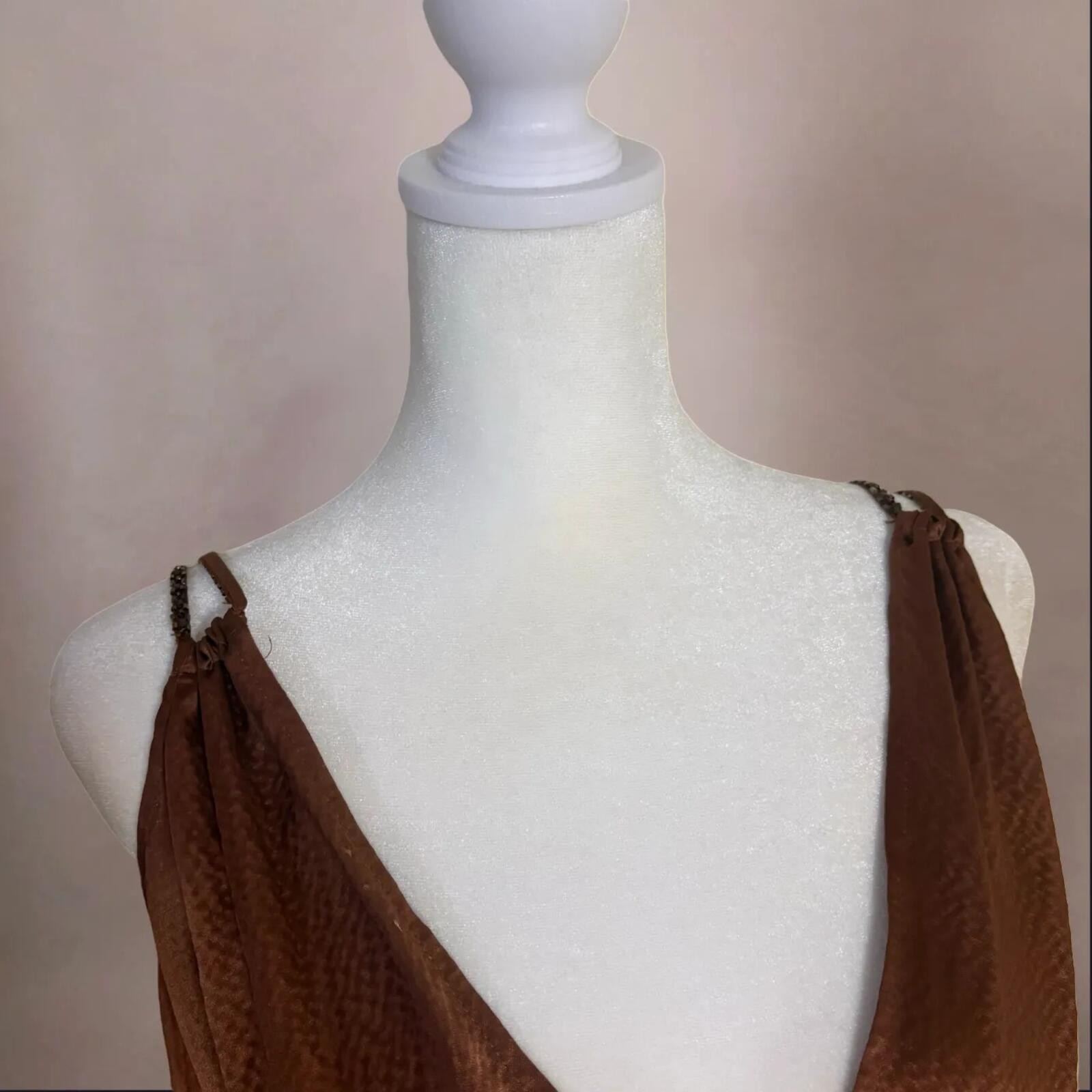 BCBG Copper Brown 100% Silk Wrap Beaded Ruffle Gown