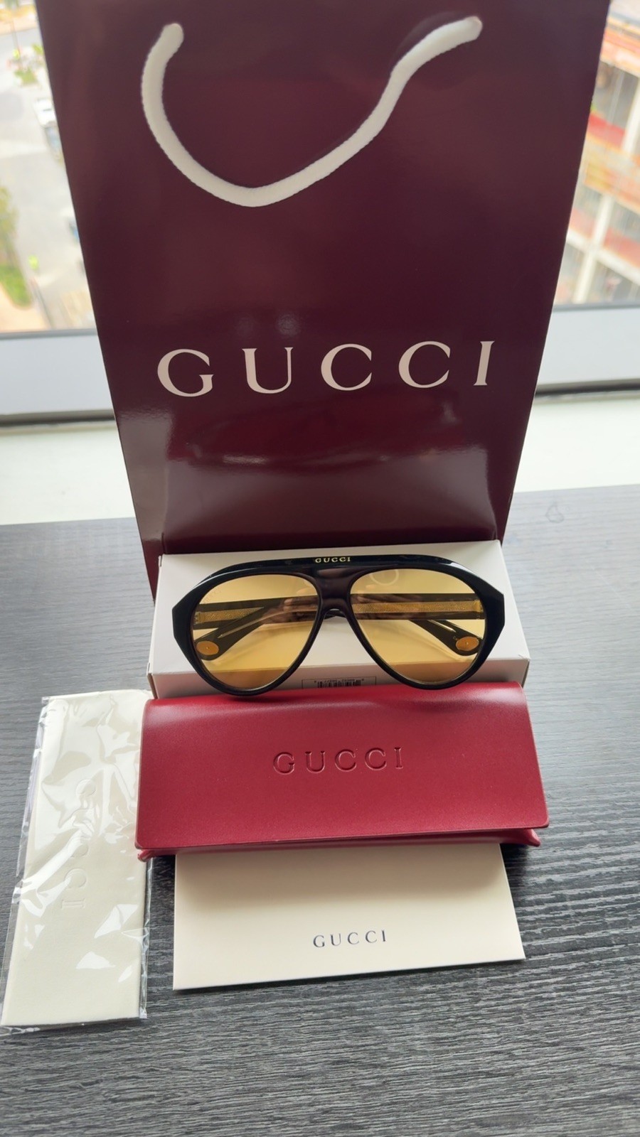 Gucci GG0479S Unisex Aviator Acetate Sunglasses Black Yellow Men And Women