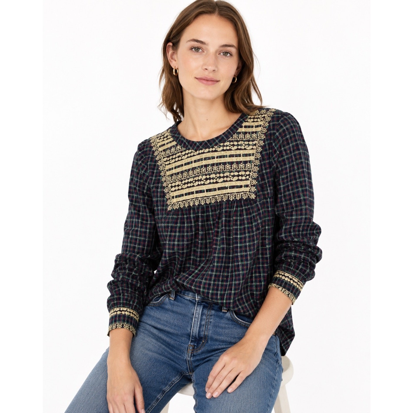 NWT J.Crew Embroidered Plaid Peasant Blouse Women’s XS 100% Cotton Boho