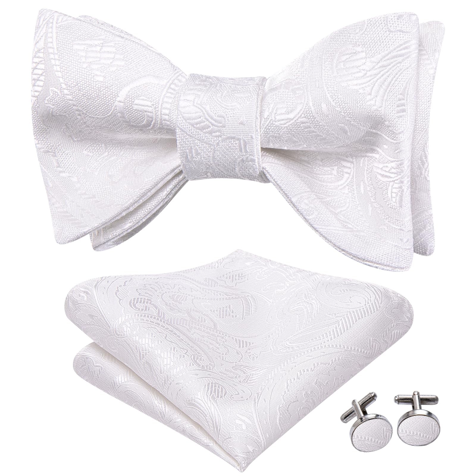 Men’s White Bow Tie Set 3 PCS Silk Self Tie Adjustable Bowtie Handkerchief Po