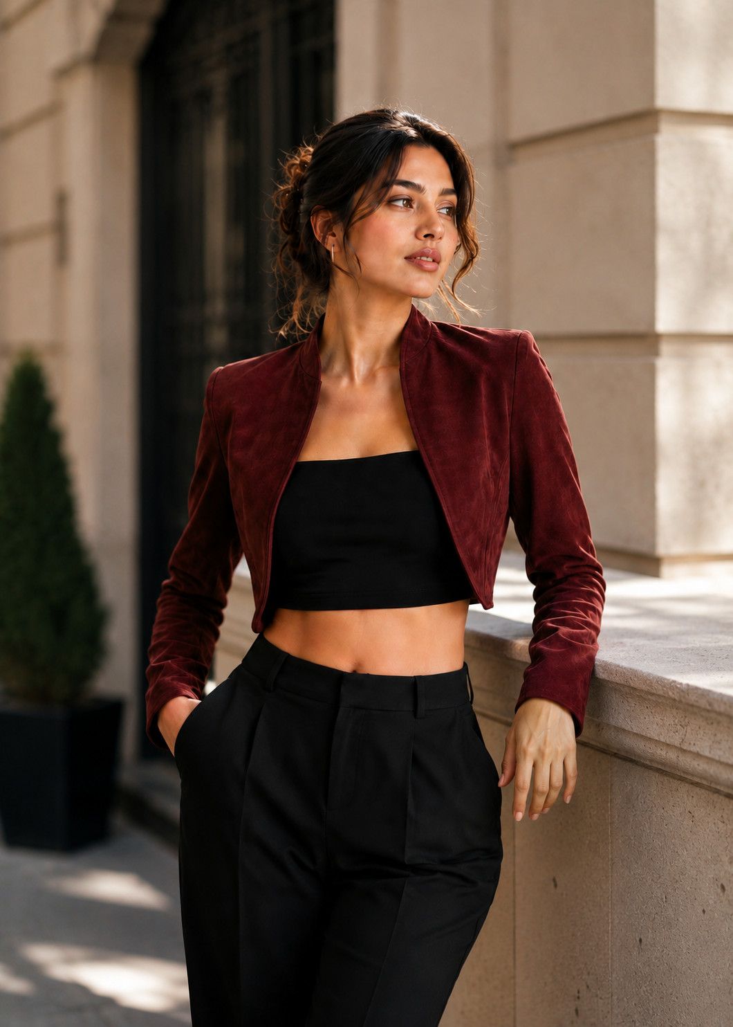 Women’s Burgundy Suede Lambskin Leather Crop Moto Biker Jacket – Slim Fit Coat
