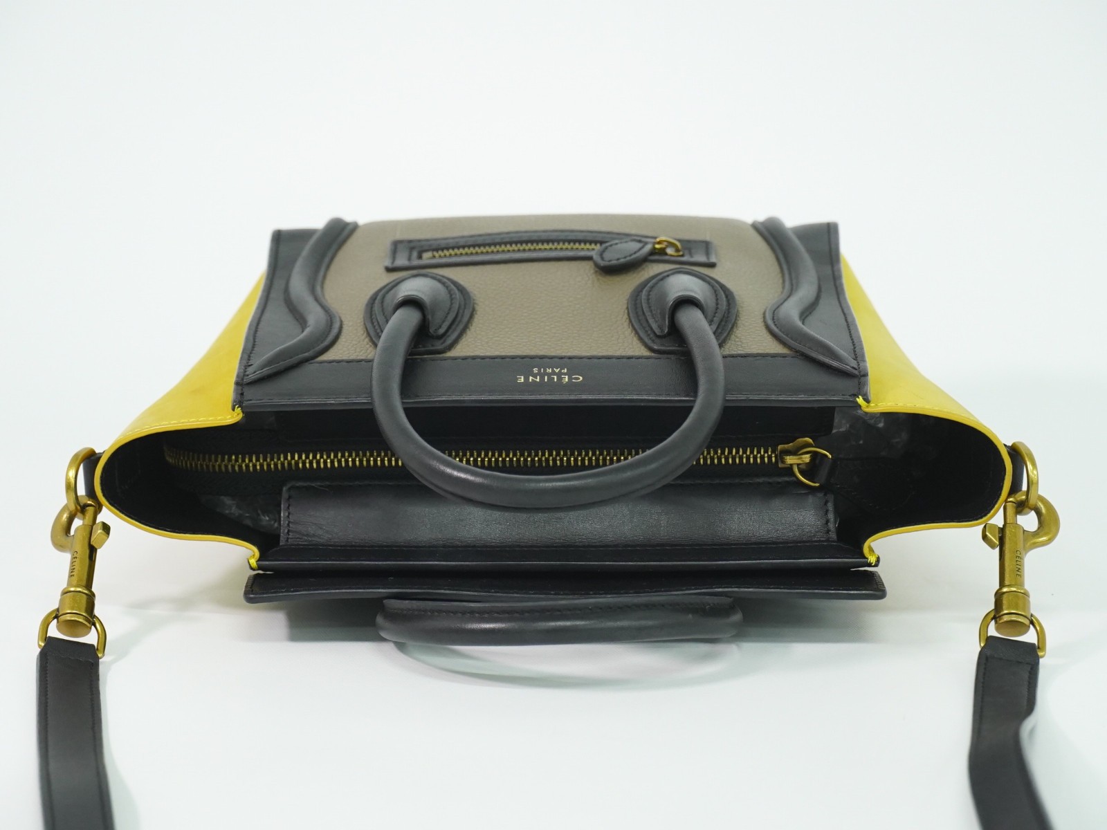 CELINE Luggage Nano Leather 2way Shoulder Handbag Greige Yellow Black