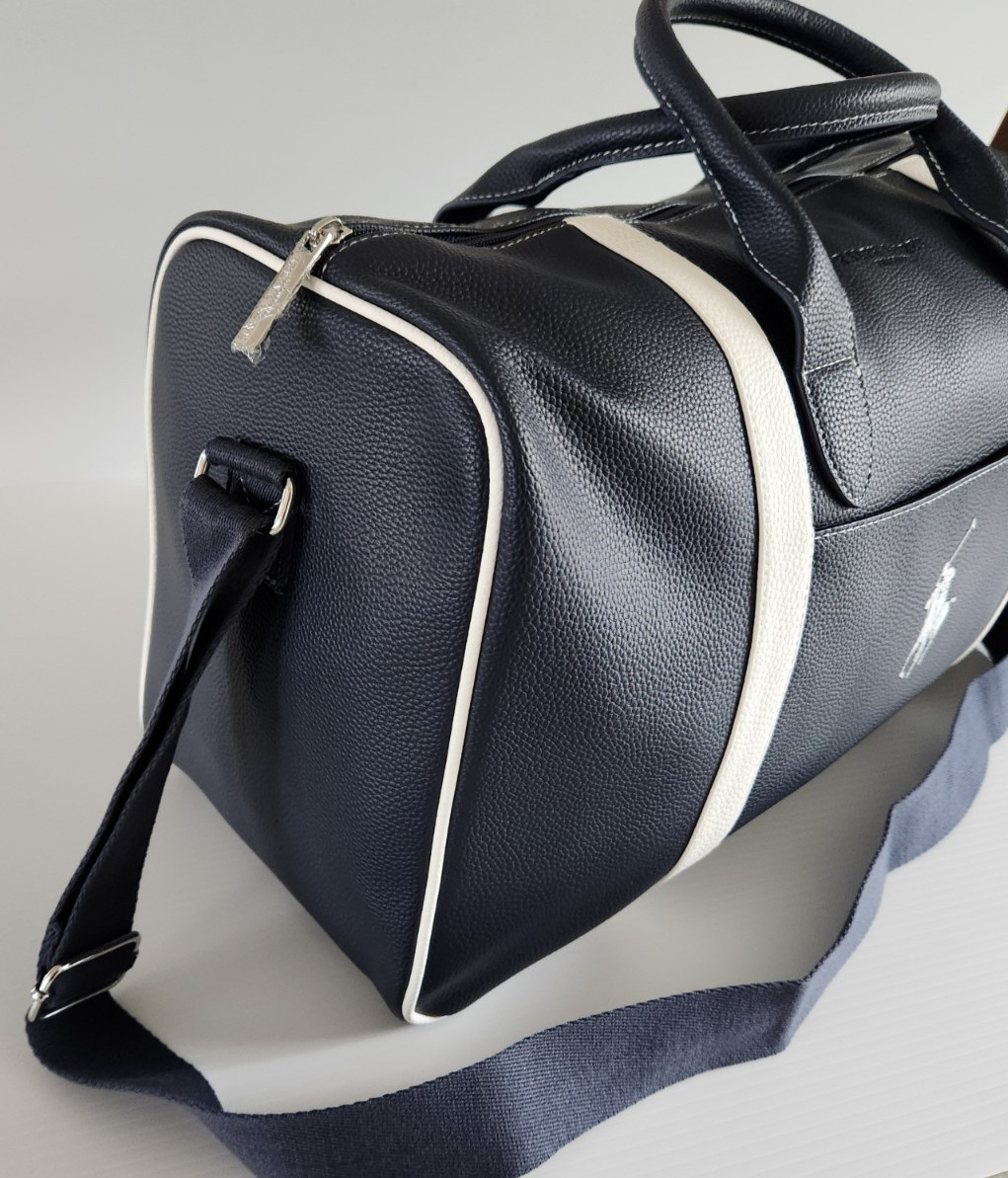 Ralph Lauren Fragrances POLO Navy Blue White Faux Leather Travel Duffle Bag NWT