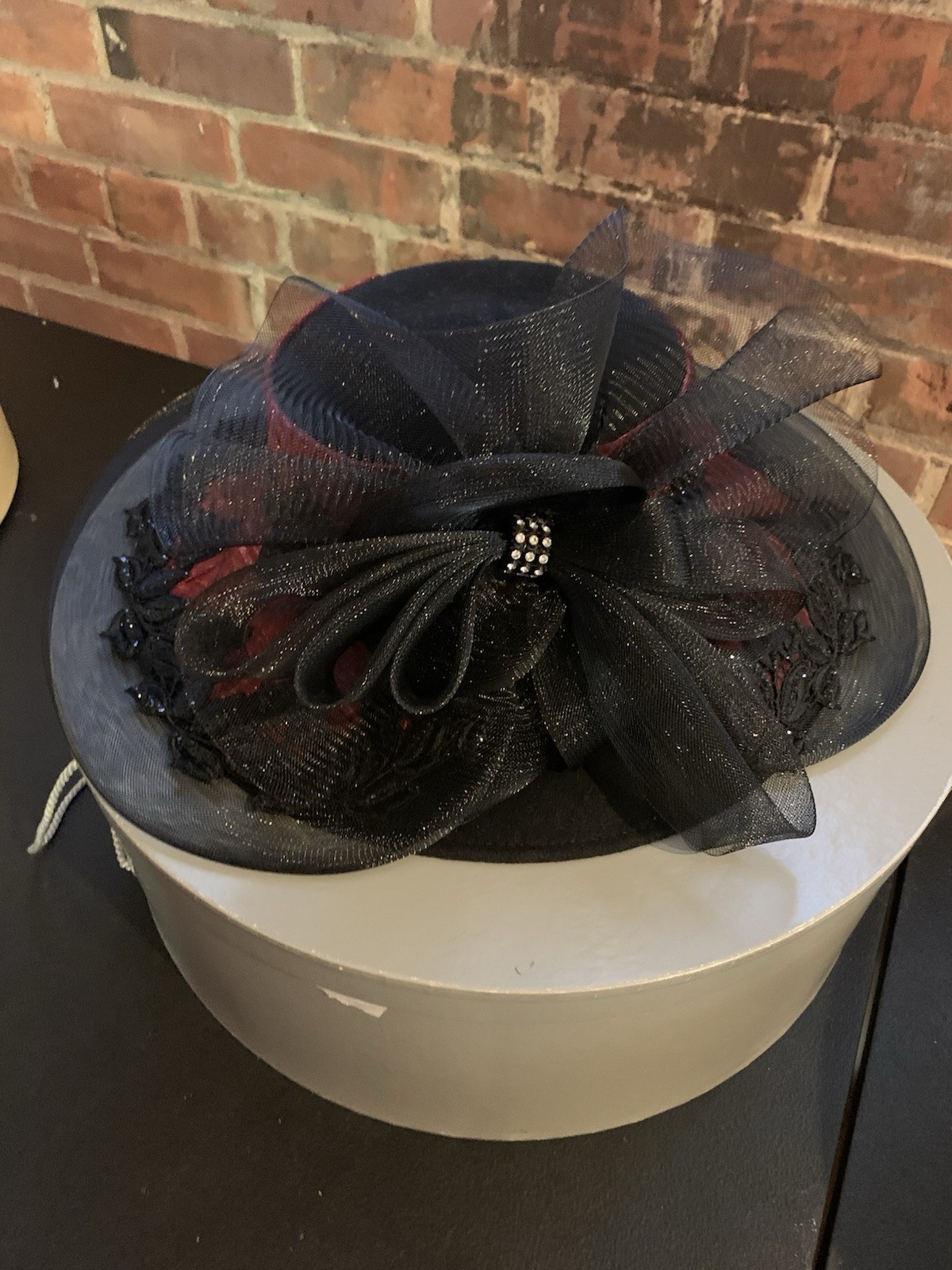 Mr. Song Millinery Hat Victorian Style Striking Red Texture Black Lace With Bow