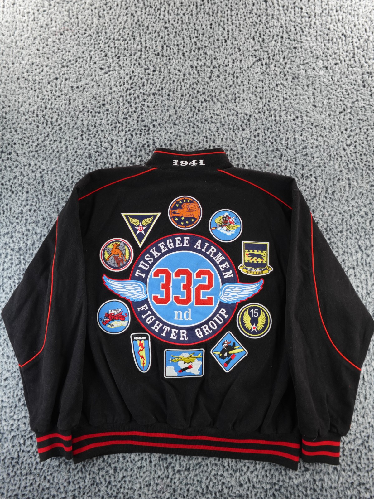 Tuskegee Airmen Jacket Mens L Black BigBoy Varsity Wool Embroidered Bomber