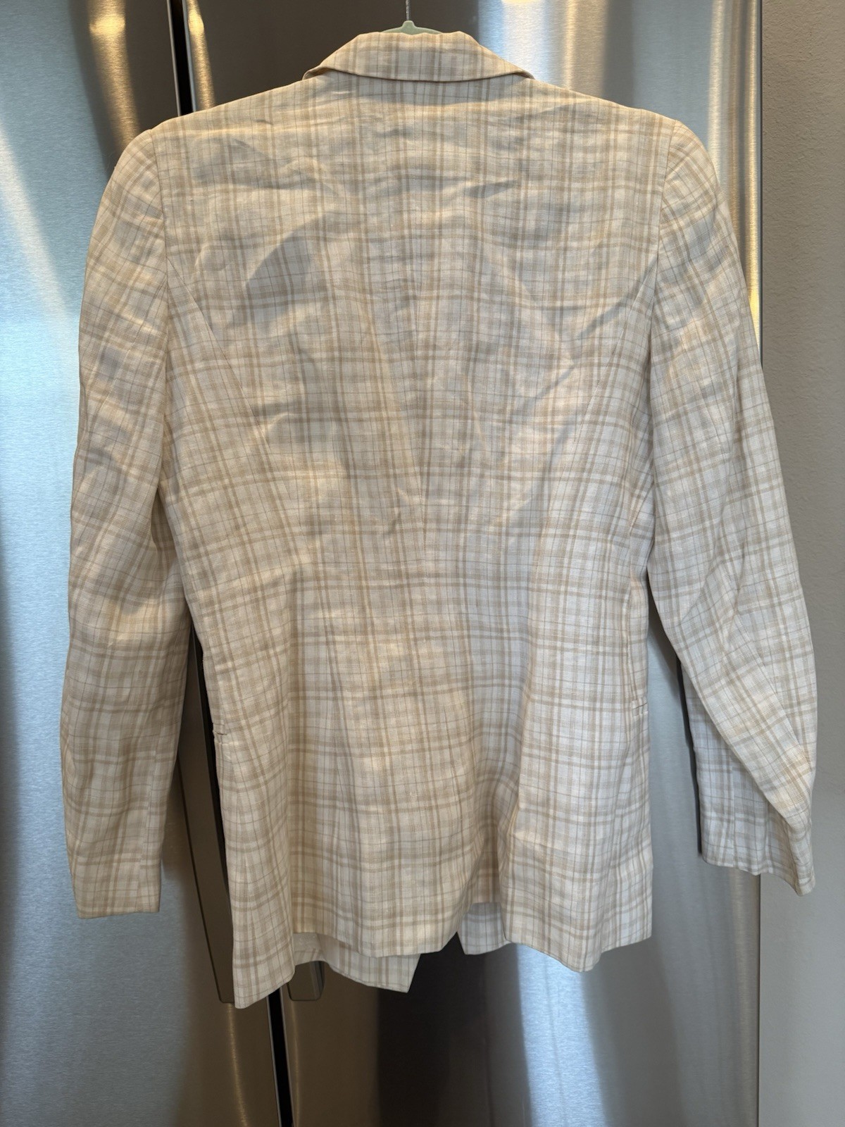 Escada Margaretha Ley 100% Linen Plaid Blazer Beige White Gray Size 34