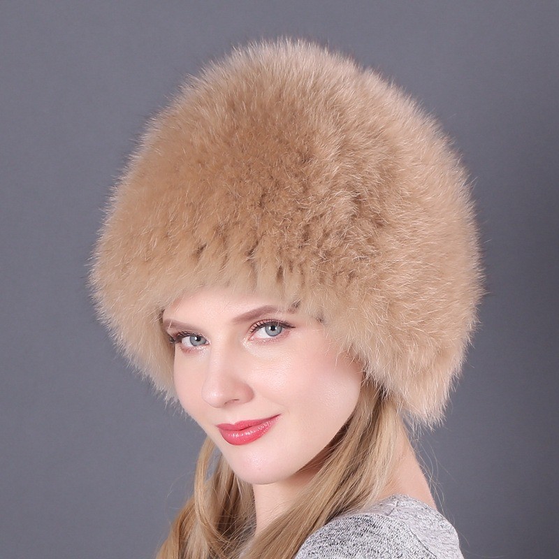 Winter Women Warm Rabbit Fur Fox Fur Hat Outdoor Fluffy Knitted Hat Cap