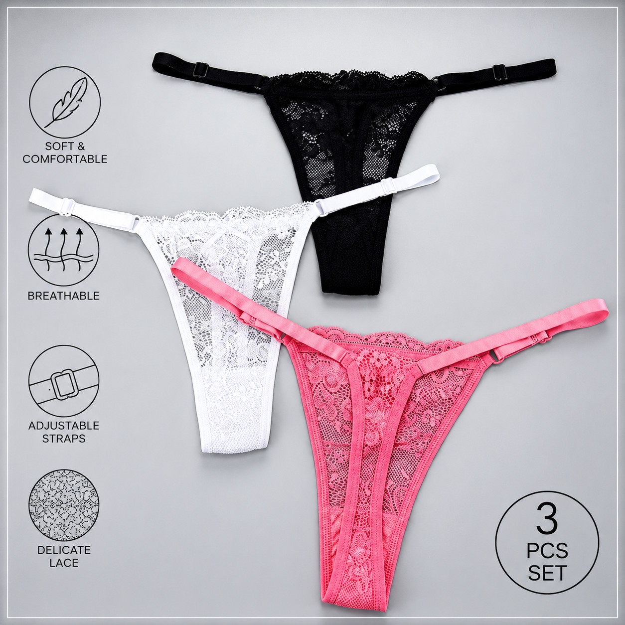 3PCS Tangas Transparentes de Encaje Mujer T-Back Ajustables Cintura Baja