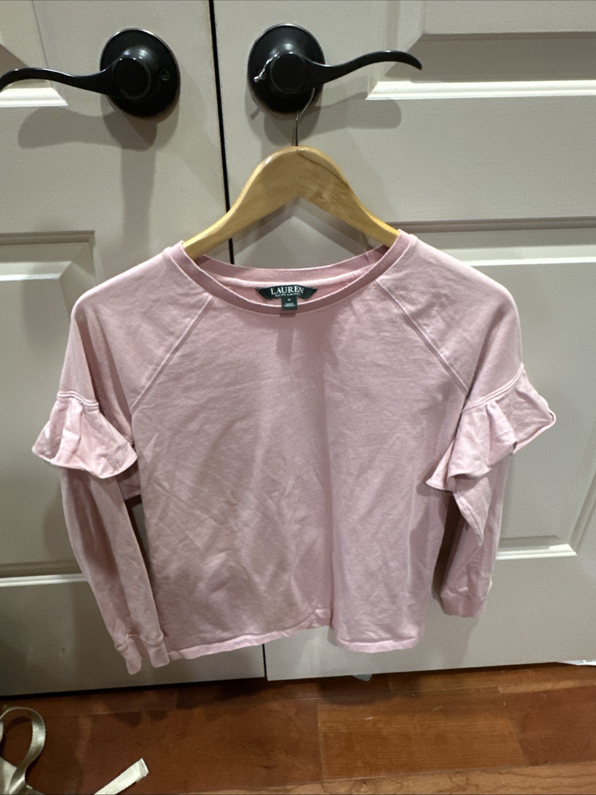Lauren Ralph Lauren Small Long Ruffled Sleeve Pink T Shirt 100% Cotton