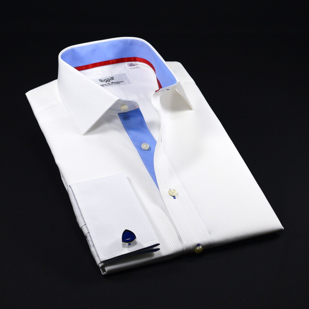 Classic White Men’s Formal Business Dress Shirt Mini Stripe French Double Cuffs