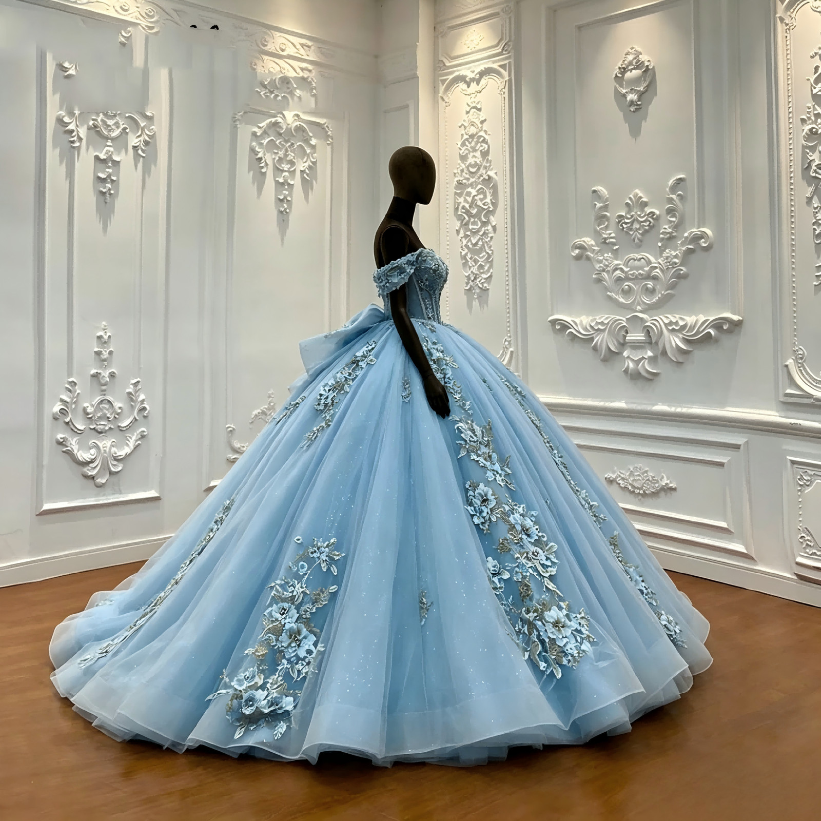 Sky Blue Glitter Tulle Quinceanera Ball Gown 3D Floral Big Bow Sweet 16 Dress