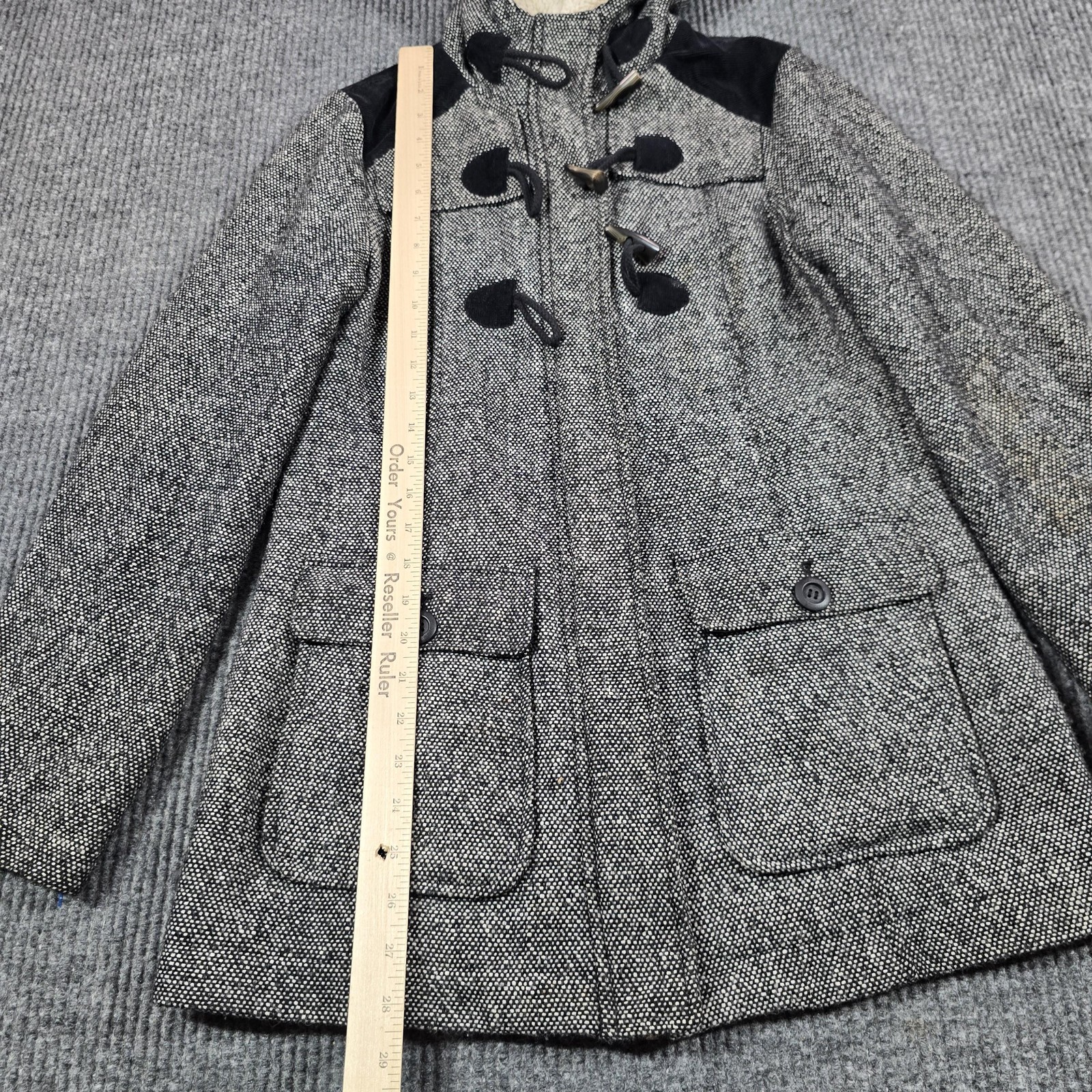 PrAna Coat Womens Small Gray Tweed Hooded Toggle Parka Lined Insulated Pockets