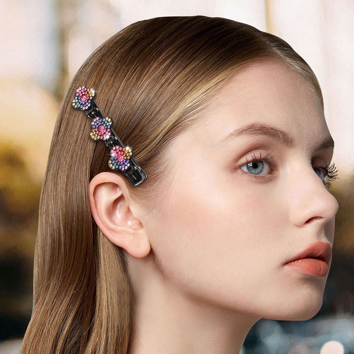 4PCS Sparkling Crystal Stone Double Bangs Satin Fabric Braided Hair Clips Bands