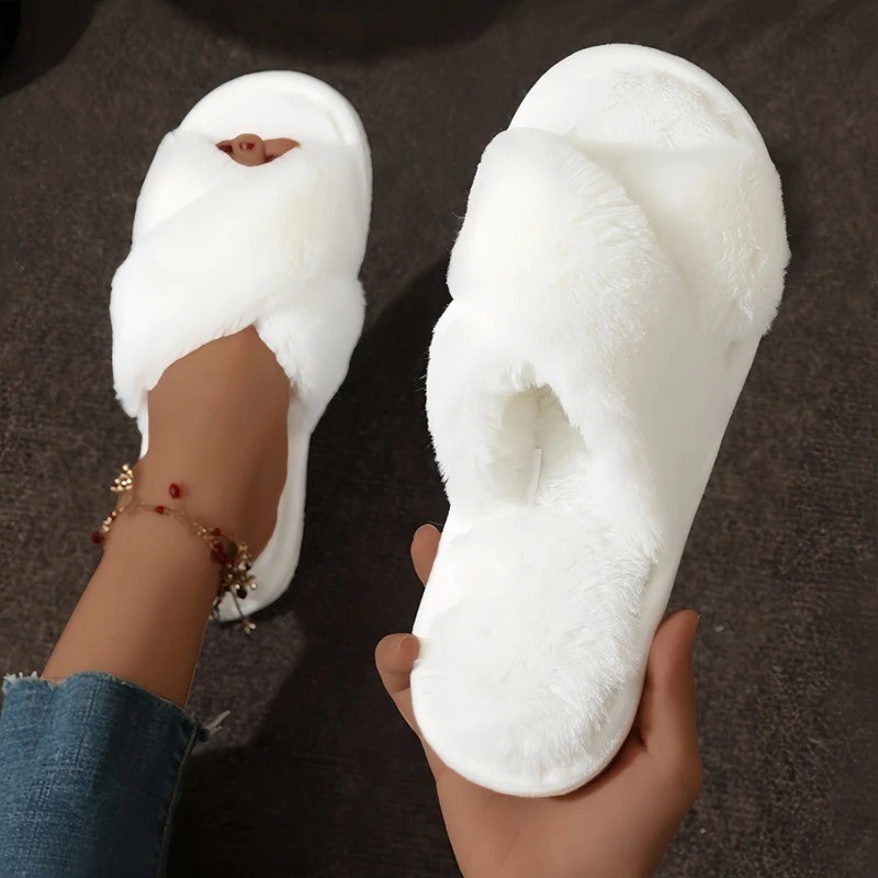 Cross Warm Fluffy Fur Slippers Women Open Toe Non Slip Home Floor Shoes