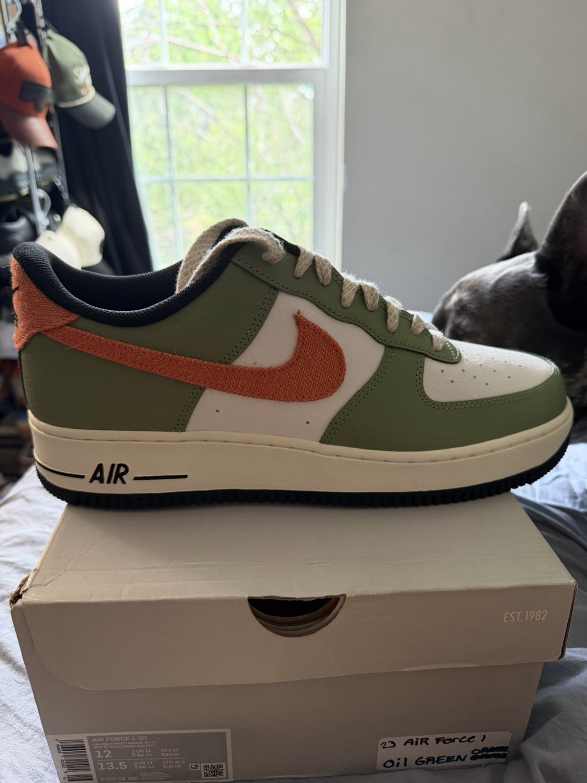 Nike Air Force 1 ’07 Oil Green/White/Safety Orange Low Top Leather FD0758-386