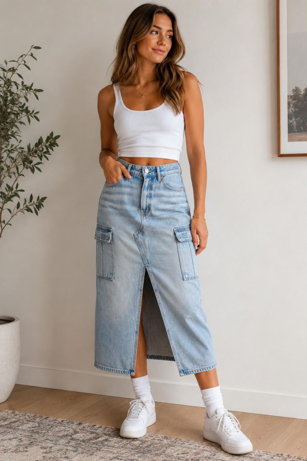 American Eagle Cargo Denim Midi Skirt Light Wash Size 4 Y2K Utility