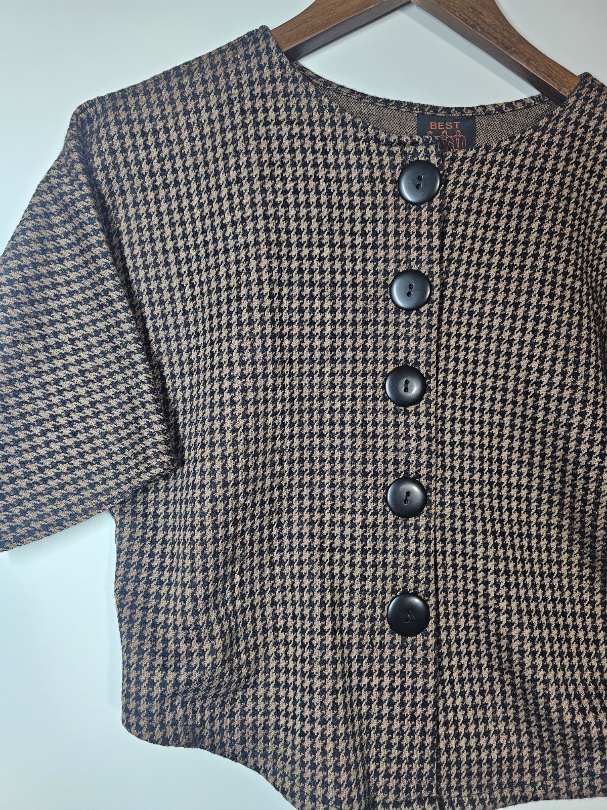 VTG 80s 90s FRIENDS Crop Houndstooth Jacket Knit Top Made in USA Small