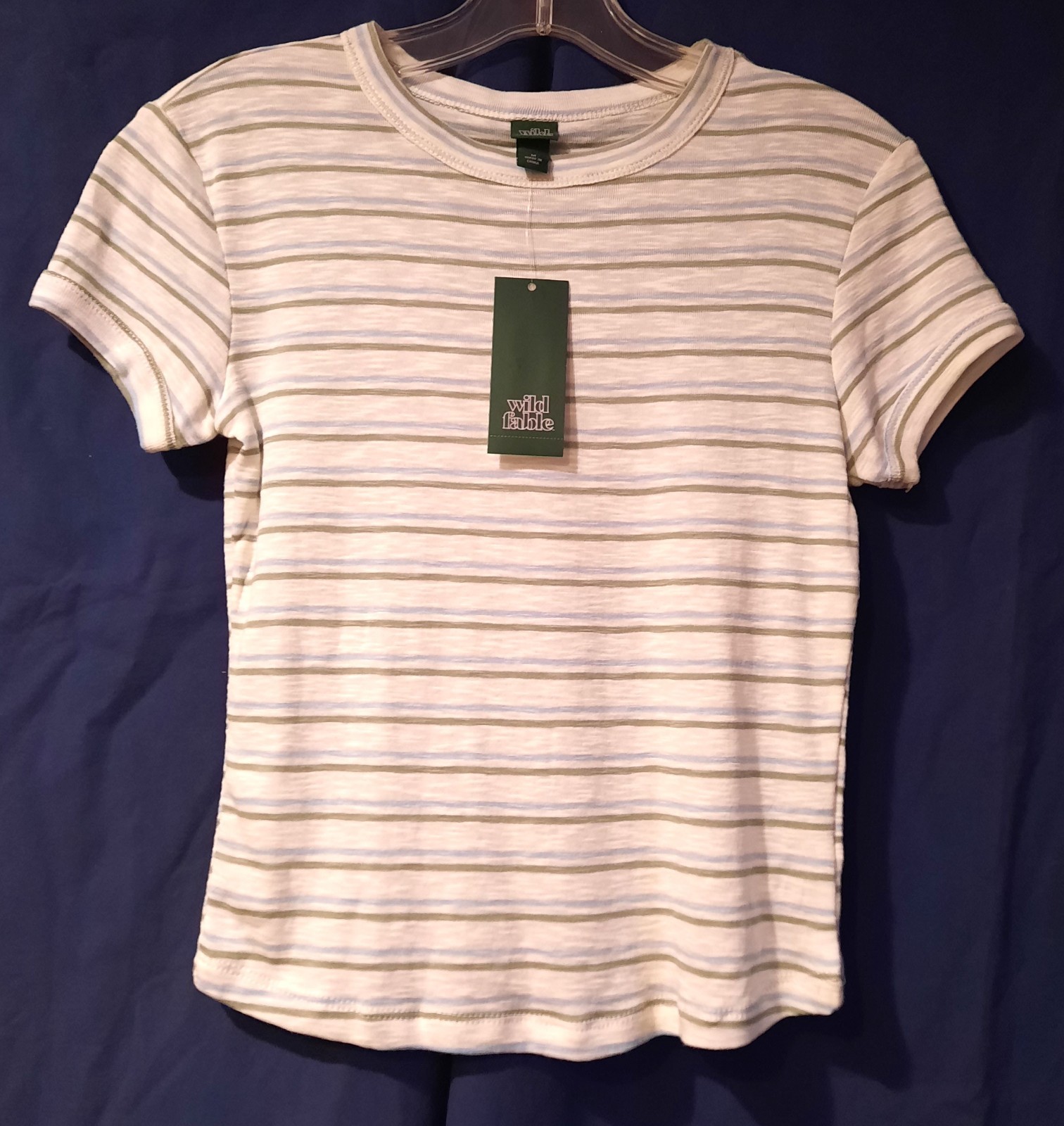 T196 Wild Fable Top. Pullover T. Teen/ Young Adult Size M, Green & Blue Stripes