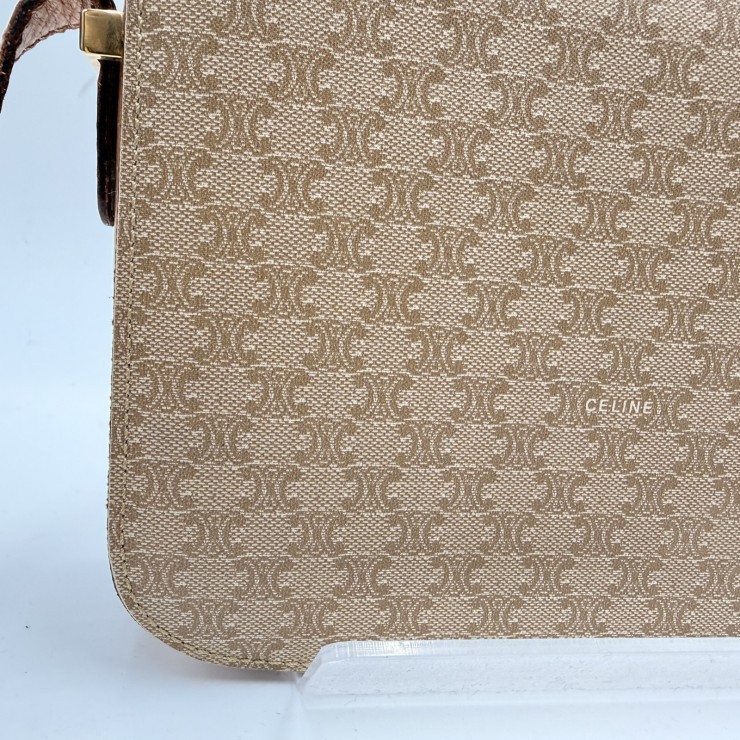 CELINE Vintage Macadam Shoulder Bag in Beige PVC and Leather with Gold-Tone …