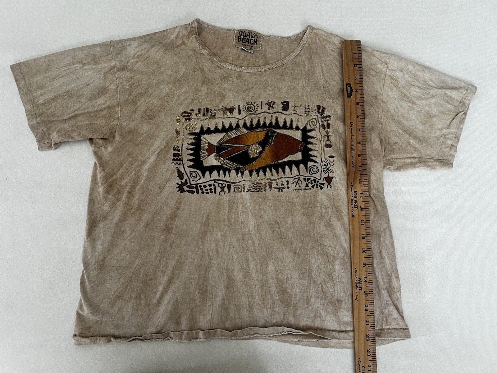 Vintage Guava Beach XL Brown Marbled Fish Graphic Beige Tee Single Stitch USA