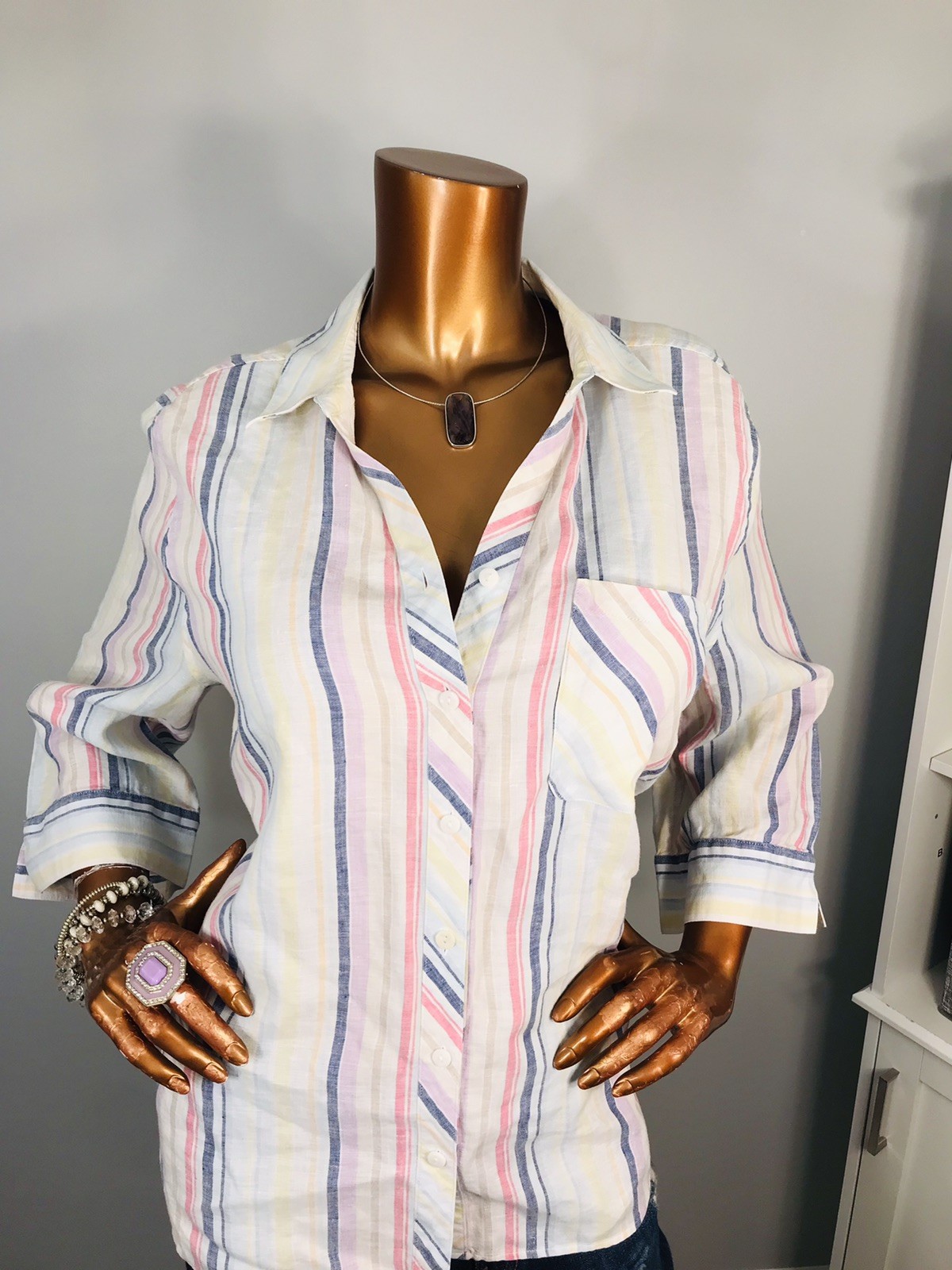Chico’s 3 or XL Top Striped Soft 100% Linen Button Up Shirt 3/4 Sleeves Low Cut
