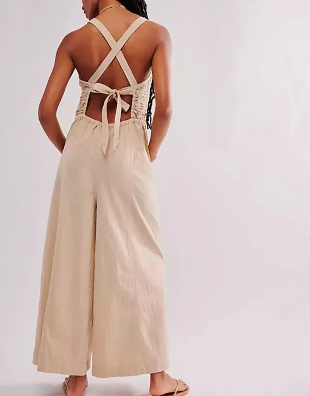 Free People Forever Always Cotton Wide Leg Jumpsuit in Beached Sand Size L