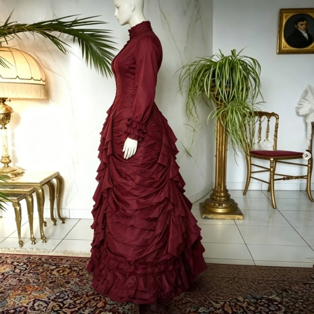 History Burgundy Victorian Evening Dresses High Neck Long Sleeve Ruched Corset