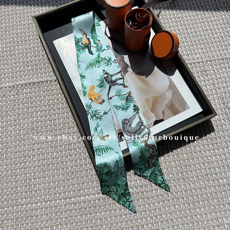 Sallys 100% Twill Silk Scarf Ribbon Jungle Print Bag Head Band Neck Tie 85x5cm