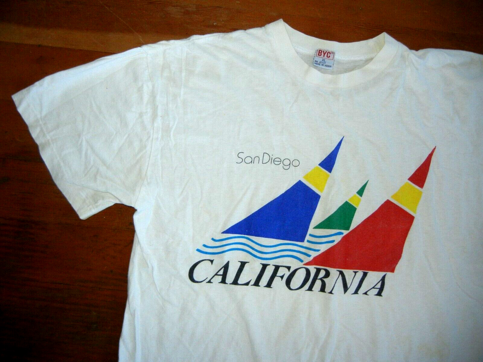 Vtg 90s SAN DIEGO CALIFORNIA White SAILING T-SHIRT Sail-Boat Surf Beach Men’s L