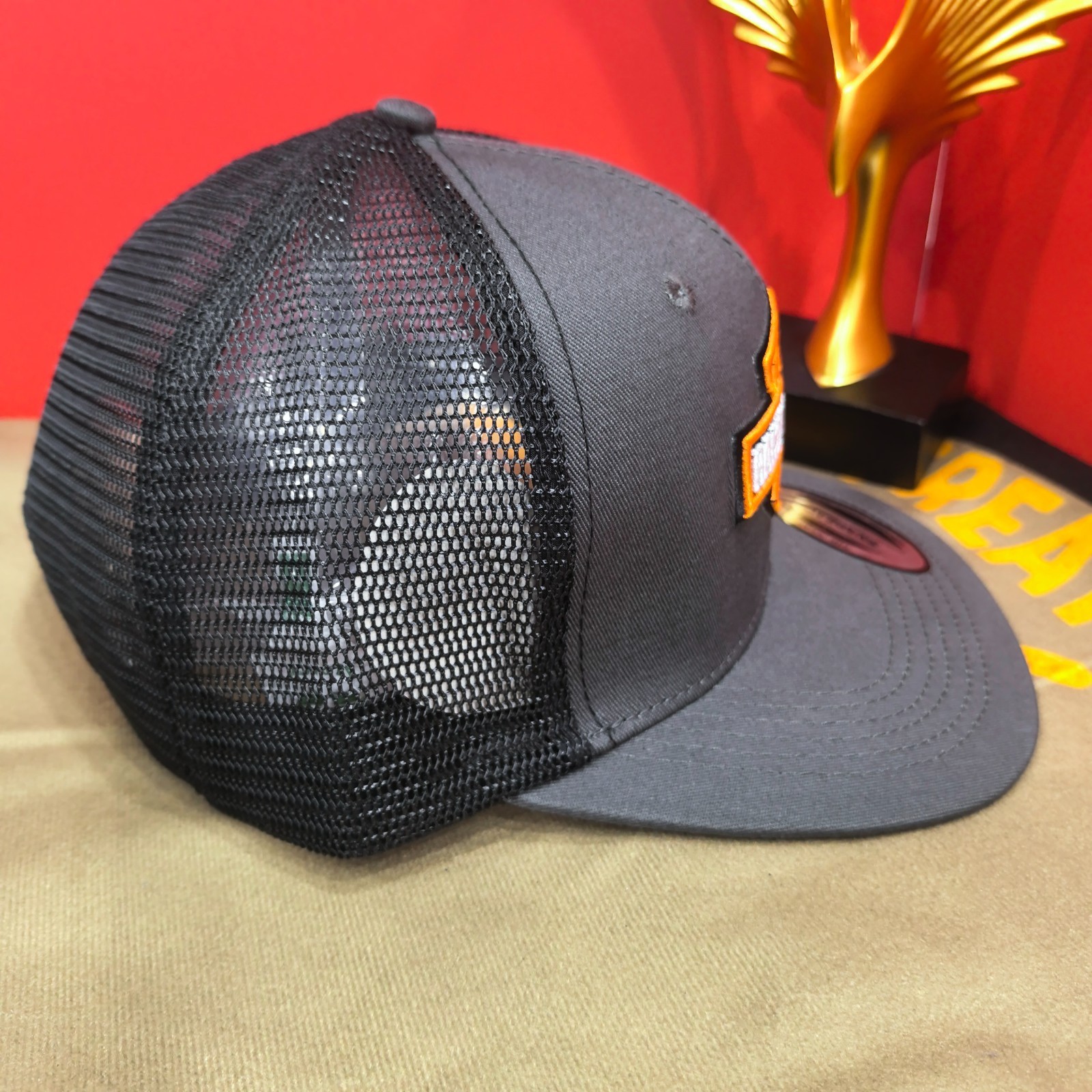 Harley Gray Embroidered Flat-Brim Cap with Mesh Back